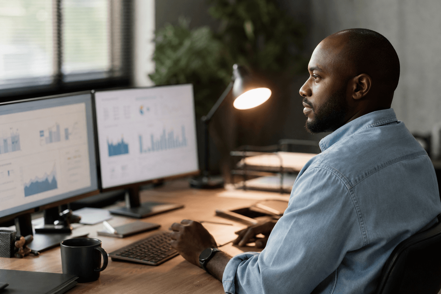 Operations professional reviewing work at a workstation