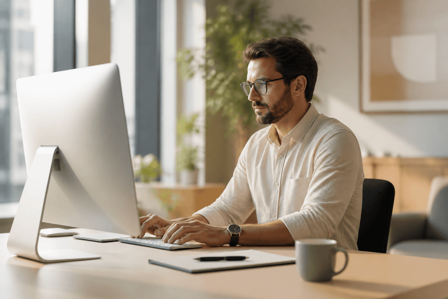 A professional working at a clean desk in a modern office