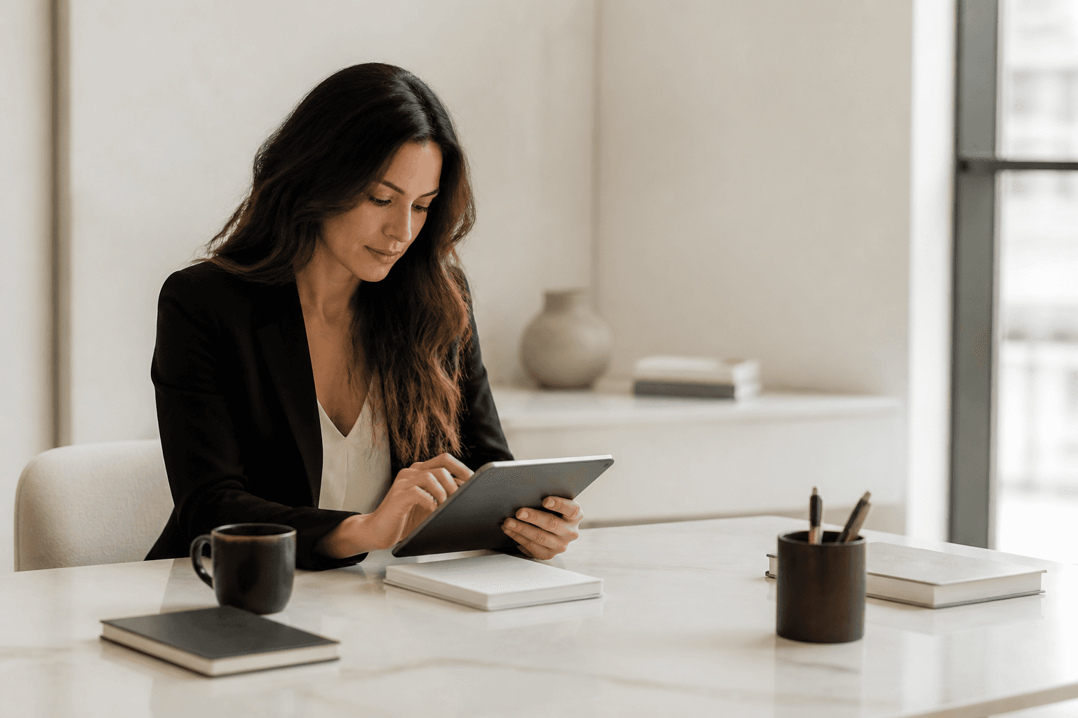 A professional reviewing work on a tablet in a calm, modern setting
