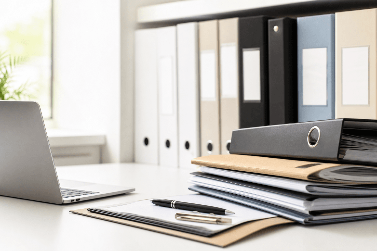 Organized documents and records on a clean desk next to a laptop