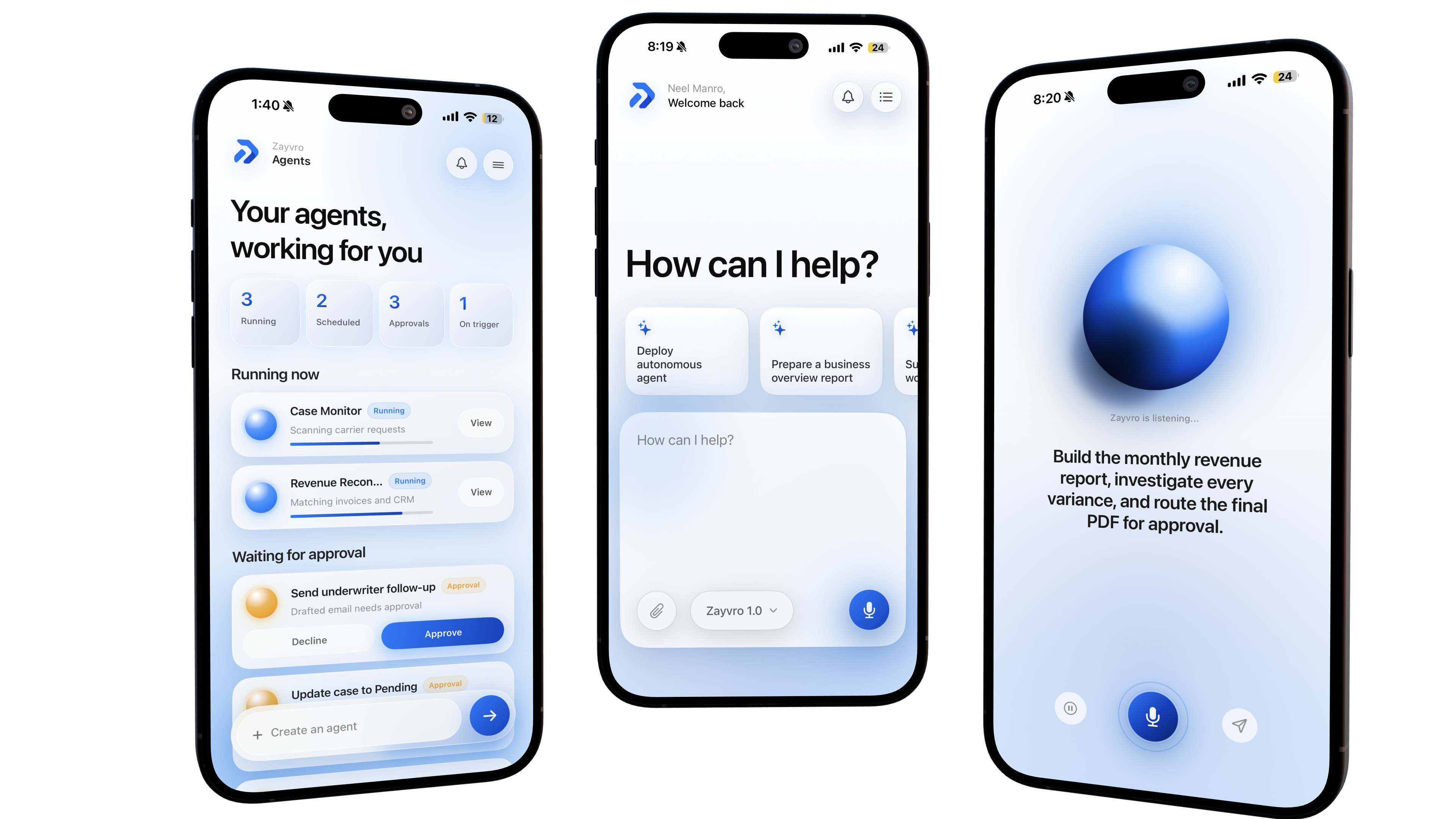 Three premium iPhone screens showing Zayvro agents, chat, and voice approval workflows