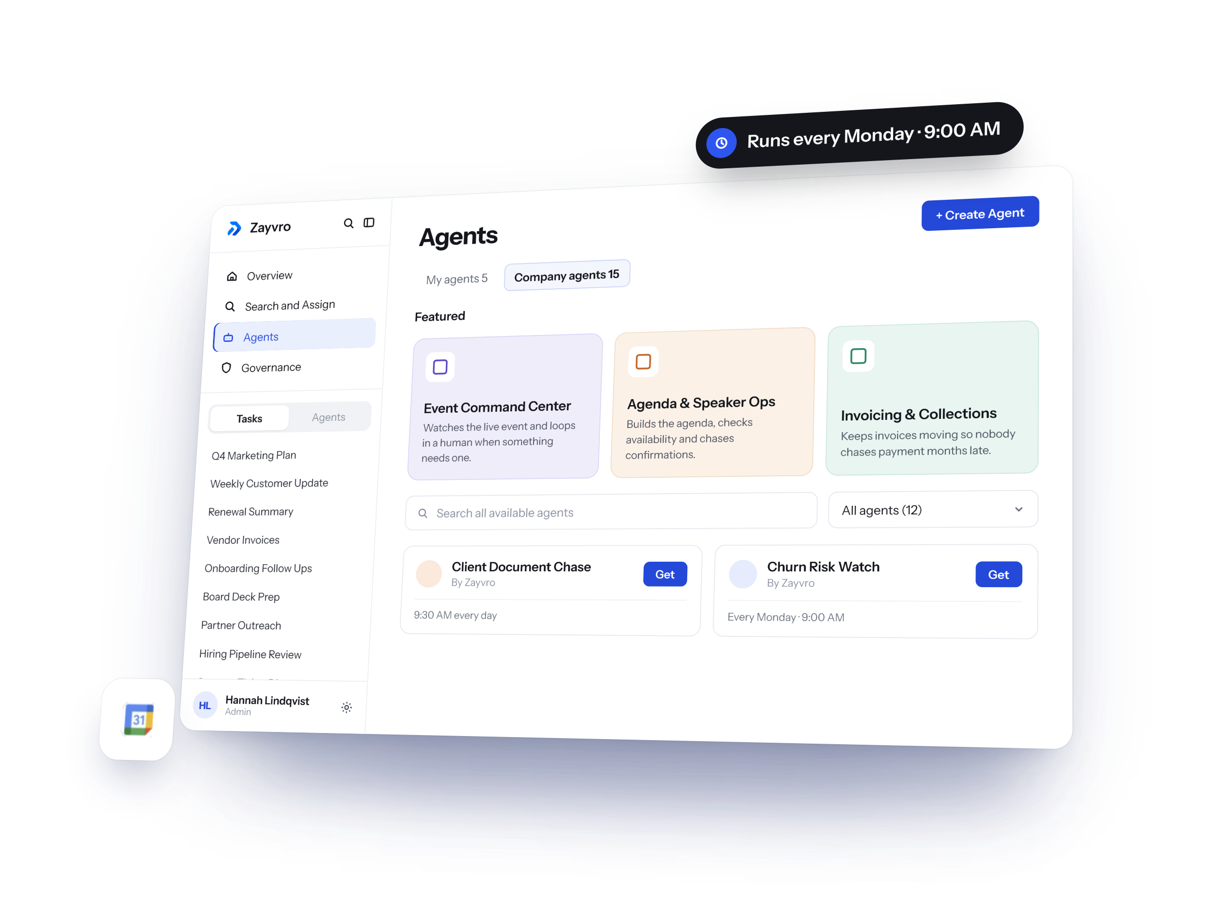 Zayvro company agents for event operations, invoicing, and recurring workflows