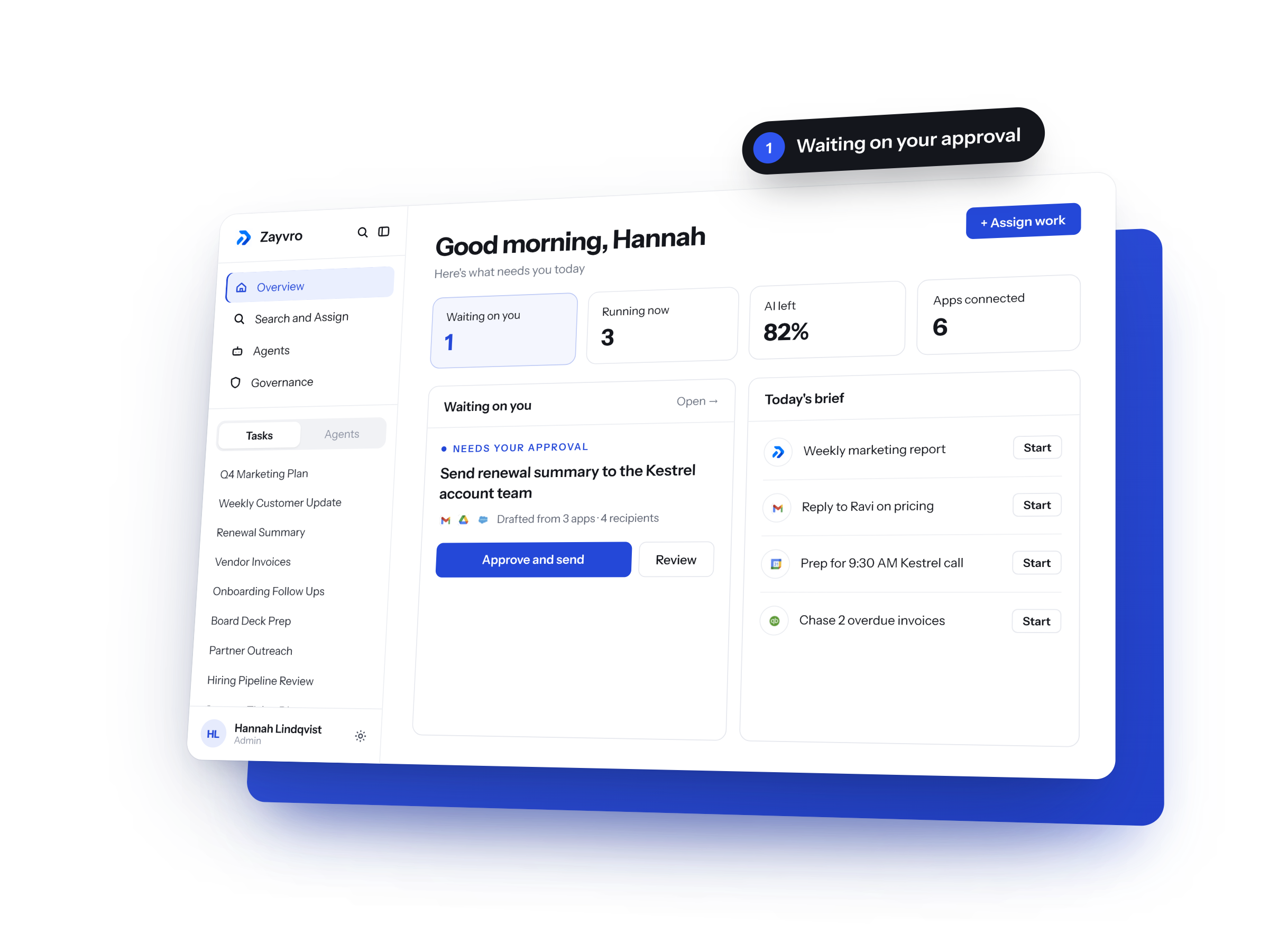 Zayvro work overview with a renewal summary awaiting approval and today’s tasks