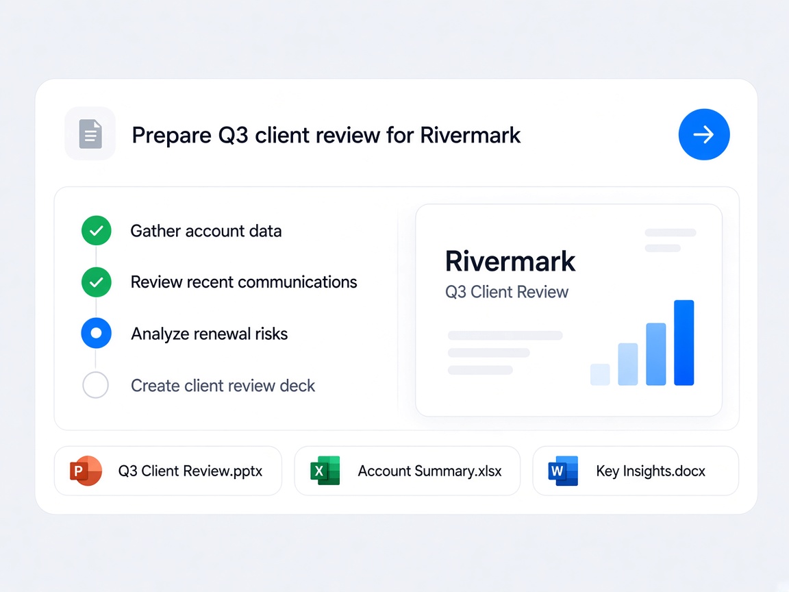 A Rivermark client review being prepared, with the deck, the workbook, and the document