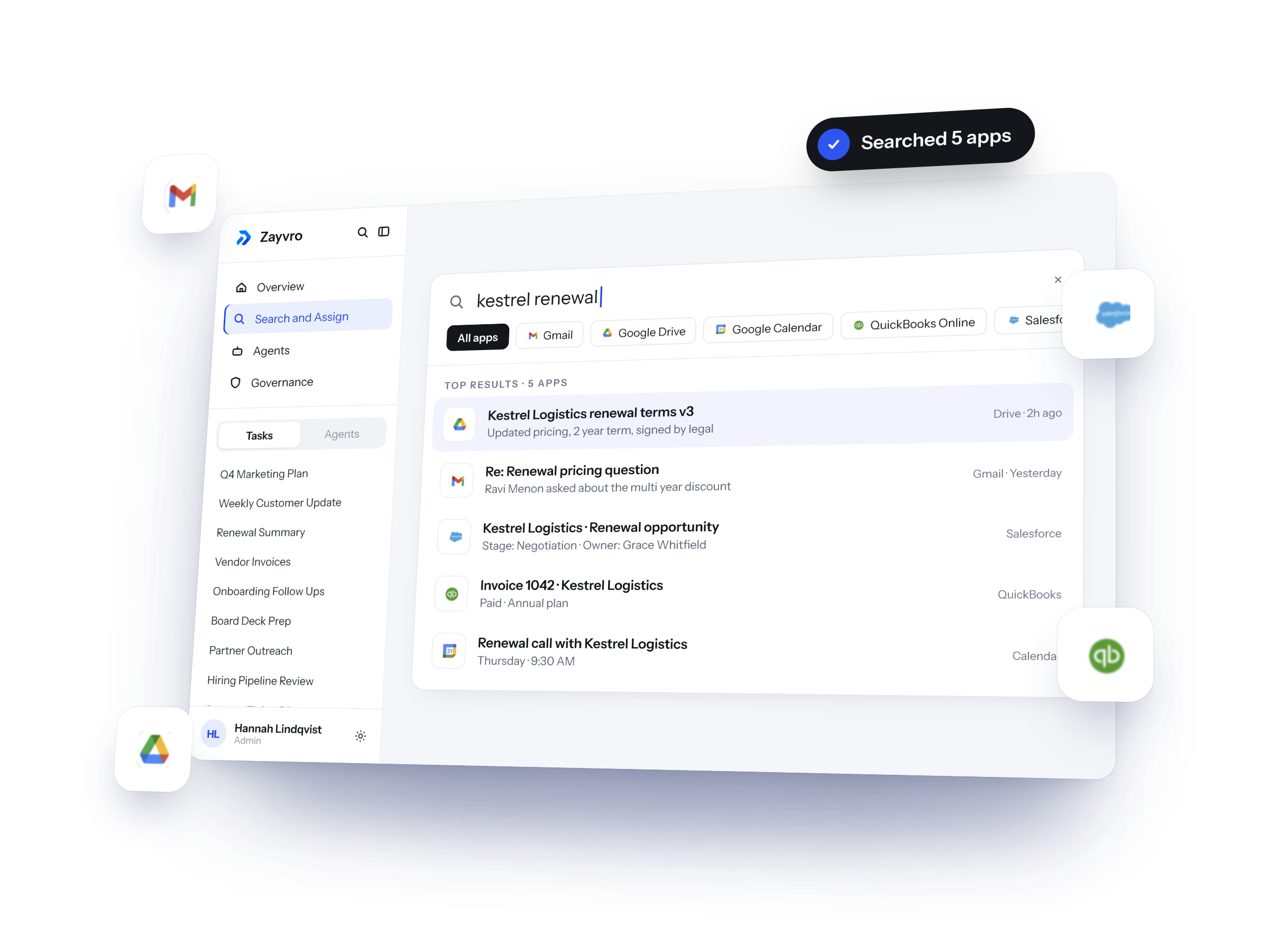 Zayvro search results for Kestrel renewal across Gmail, Drive, Salesforce, QuickBooks, and Calendar